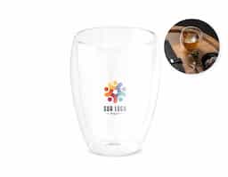 Copo em vidro borossilicato com parede dupla, isolada a ar. Capacidade até 350 mL. Fornecido em caixa presente personalizável. Certificação EU Food Grade.