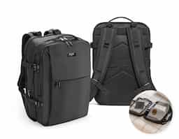 Mochila de viagem em poliéster reciclado 600D com acabamento repelente à água e forro em poliéster reciclado 210D. Possui três compartimentos principais: traseiro com bolsos para notebook até 17.3" e tablet até 10.1", central expansível para roupas e frontal com divisórias internas. Conta com três bolsos externos, dois com forro em PEVA, placa metálica removível, alças ajustáveis, cintas de compressão, pegas almofadadas e alça para trolley. Capacidade até 29 L.