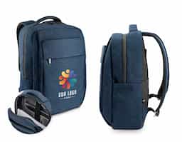 Mochila totalmente almofadada para notebook, feita em poliéster reciclado 300D de alta densidade com forro em poliéster reciclado 210D. Possui compartimento principal para notebook até 15.6", dois bolsos frontais, bolso lateral para squeeze e alça traseira para encaixe em trolley. Capacidade até 18 L.