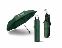 Guarda-chuva confeccionado em poliéster 100% reciclado (rPET) pongee 190T. Possui varetas em fibra de vidro, haste metálica e pega em ABS reciclado. Dobrável em 3 seções, conta com abertura manual e design à prova de vento. Combinando praticidade, resistência e sustentabilidade.