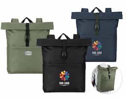 Mochila "Roll-top" para notebook em 600D e forro em 210D. Possui um compartimento principal espaçoso para notebook até 17.3", com fecho de enrolar no topo. Bolso frontal com zíper.