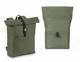 Mochila "Roll-top" para notebook em 600D e forro em 210D. Possui um compartimento principal espaçoso para notebook até 17.3", com fecho de enrolar no topo. Bolso frontal com zíper.