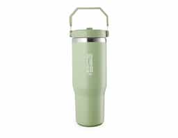 Copo térmico em inox com capacidade de até 800 mL. Possui parede dupla para isolamento térmico, tampa plástica rosqueável com vedação a vácuo, alça fixa em inox com camada plástica e bico flexível. Acompanha canudo plástico para encaixe interno, ideal para uso prático no dia a dia.