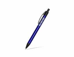 Caneta com corpo metálico, ponteira e clip em plástico. Possui acionamento por clique e carga esferográfica azul de 1.0mm, oferecendo uma escrita suave e precisa com pegada leve e confortável para o uso diário.