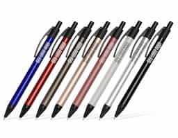 Caneta com corpo metálico, ponteira e clip em plástico. Possui acionamento por clique e carga esferográfica azul de 1.0mm, oferecendo uma escrita suave e precisa com pegada leve e confortável para o uso diário.