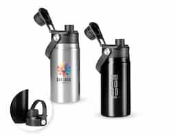 Garrafa térmica em inox com capacidade para até 400ml. Apresenta estrutura de parede dupla e vedação a vácuo, que mantém a temperatura de líquidos por mais tempo sem transferência para o exterior. Possui tampa plástica rosqueável com protetor de o bocal e alça fixa para transporte.