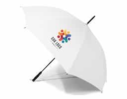 Guarda-chuva em poliéster com abertura automática, estrutura metálica reforçada de oito varetas e pegador em plástico anatômico. Possui alça de nylon fixa na extremidade, garantindo praticidade no transporte. Um brinde elegante e funcional que oferece proteção e destaca sua marca em qualquer ocasião.