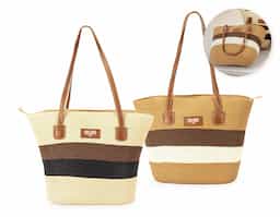 Bolsa feita em fios de papel torcido costurados com linha de nylon. Possui fechamento em zíper, compartimento interno com bolso compacto, alças e detalhes em couro sintético, incluindo plaquinha frontal costurada.