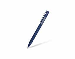 Caneta metálica com ponta e clip em plástico. Possui acionamento por clique e carga esferográfica azul de 1.0mm.