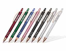 Caneta metálica com carga esferográfica de 1,0mm e acionamento por clique de revestimento emborrachado, ideal para interagir com telas sensíveis ao toque.