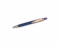 Caneta metálica com carga esferográfica azul de 1,0mm e acionamento por clique de revestimento emborrachado para interação em dispositivos com telas sensíveis ao toque.