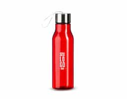 Garrafa plástica com capacidade máxima de 615ml e marcação de volume de 600ml. Possui tampa rosqueável em alumínio com alça de nylon para transporte.