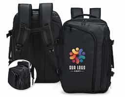 Mochila em nylon com camada de PU impermeável, com capacidade máxima de 28 litros, ideal para viagens, trabalho e uso diário. Possui compartimento interno com sistema de vedação a vácuo para armazenamento de roupas e objetos, além de duas divisórias em poliuretano termoplástico em tamanhos diferentes. Conta com bolsos frontais, bolso lateral em tela e bolso traseiro com divisória para notebook de até 15,6”. Dispõe ainda de alças acolchoadas em espuma respirável, alça lateral para transporte horizontal e alça de ombro ajustável em nylon. Um brinde corporativo moderno, versátil e de alto valor percebido.