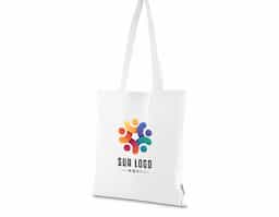 Bolsa confeccionada em algodão sólido reciclado, com gramatura de 140g/m², dimensões de 42 x 38 cm e alça de comprimento fixo medindo 33 cm.
