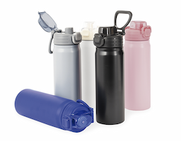 Garrafa térmica com capacidade para até 680ml. Feita em inox 304, possui estrutura de parede dupla e vedação a vácuo, permitindo a conservação da temperatura de líquidos por mais tempo. Conta com tampa rosqueável com trava de segurança, botão de acionamento para abrir a tampa protetora do bocal e alça para transporte. Acompanha um canudo plástico para encaixe no interior da garrafa.