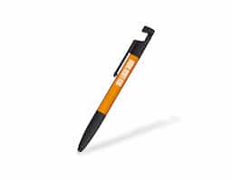 Caneta plástica triangular com ponteira emborrachada para interação em dispositivos de telas sensíveis ao toque. Possui clip com revestimento em feltro no topo, ideal para limpeza de tela, além de abertura que funciona como suporte para celular. Conta ainda com marcação de régua de 7 cm no corpo, acionamento por rotação e carga esferográfica azul de 1,0mm.