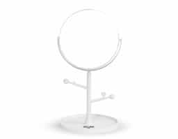 Espelho de mesa dupla face sem aumento. Possui estrutura em plástico com ganchos laterais e base circular para guardar pequenos objetos.
