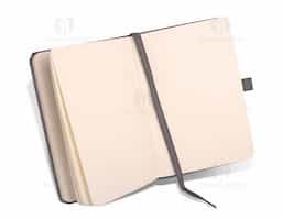 Caderno capa dura, com porta esferográfica, bolso interior folhas não pautadas na cor marfim.