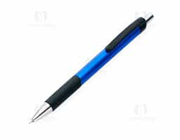 Caneta esferográfica plástica com escrita na cor azul. Acionamento por clic.