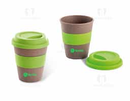 Copo de viagem fibra de bambu e PP com tampa e banda em silicone capacidade 390 ml