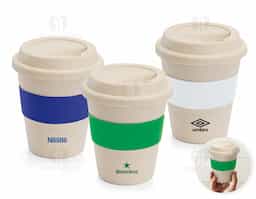 Copo de viagem fibra de bambu e PP  com banda em silicone capacidade: 380 ml