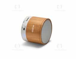 Caixa de som com microfone em bambu.  Possui transmissão por bluetooth, ligação stereo 3,5 mm e leitor de cartões TF. autonomia até 3h. capacidade: 300mAh. função para atender chamadas, controle de volume, conexão à playlist do dispositivo móvel e rádio FM. incluso cabo USB/micro USB para carrega