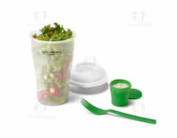 Copo para salada. PP. Com garfo e molheira. Capacidade: 850 ml. Apta para microondas (retirar a tampa)