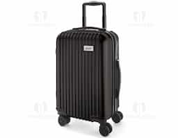Mala de viagem executivo. ABS e PET. Interior forrado, com divisória. 4 rodas duplas giratórias. Pega extensível em alumínio, com mola (altura pega estendida até 530 mm). Fecho de segurança com senha. Placa metálica removível, para fácil gravação. Capacidade até 33 L