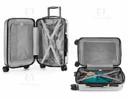 Mala de viagem executivo. ABS e PET. Interior forrado, com divisória. 4 rodas duplas giratórias. Pega extensível em alumínio, com mola (altura pega estendida até 530 mm). Fecho de segurança com senha. Placa metálica removível, para fácil gravação. Capacidade até 33 L