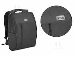 Mochila para notebook. 600D de alta densidade. Compartimento com 2 divisórias almofadadas para notebook até 15.6'' e tablet 9.7''. Interior forrado e almofadado. 1 bolso frontal e 2 bolsos laterais. Parte posterior almofadada, com sistema de apoio acolchoado para as costas e alças almofadadas
