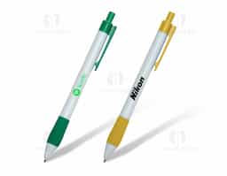 Caneta plástica branca com detalhes coloridos, incluindo detalhes com cores vibrantes. A parte inferior emborrachada, com detalhes em relevo, proporciona maior conforto e aderência durante o uso. Seu mecanismo de acionamento por clique oferece praticidade e agilidade, tornando-a ideal para o uso diário em qualquer ambiente.