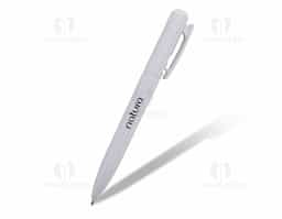 Caneta plástica com pintura leitosa e anel central em relevo. Aciona por clique, para destravar basta apertar a parte inferior do clip.