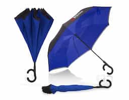 guarda chuva invertido com cabo plástico e haste de metal, botão acionador para abertura automática, tecido ponge chinês, seda crua poliéster, oito varetas			