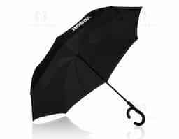 guarda chuva invertido com cabo plástico e haste de metal, botão acionador para abertura automática, tecido ponge chinês, seda crua poliéster, oito varetas			