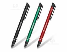 Caneta semimetal colorida com anéis prata e detalhes em preto. Clip plástico preto, possui quatro anéis, sendo dois superiores e dois inferior. Aciona por clique.