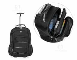 Mochila de carrinho com padrão para bagagem de mão,Confeccionada em nylon, contém alça de mão com pegador emborrachado com cabo de aço interno para garantir maior resistência, puxador retrátil com regulagem e botão acionador