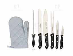  Kit churrasco 7 peças com estojo, contém: faca de legumes, faca para desossar, garfo, luva, chaira, faca de serra e faca peixeira. Estojo com alça para transporte e área interna com elástico de fixação para os utensílios.