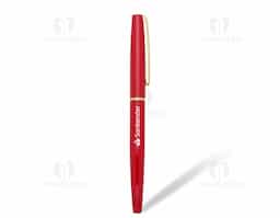 Caneta roller de metal com clip e anel central dourado. Basta tirar a tampa para uso.