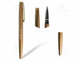 Caneta roller de metal com clip e anel central dourado. Basta tirar a tampa para uso.
