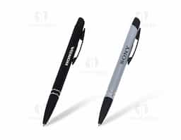 Caneta semimetal de pintura texturizada colorida com detalhes em preto. Clip metálico preto, possui dois anéis prata na parte inferior. Aciona por clique.