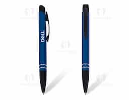 Caneta semimetal de pintura texturizada colorida com detalhes em preto. Clip metálico preto, possui dois anéis prata na parte inferior. Aciona por clique.