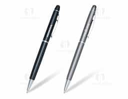 Caneta semimetal colorida com detalhes em prata. Clip metálico e parte superior com borracha touch, possui anel superior e central em prata. Aciona por giro.