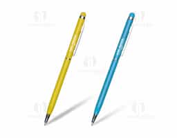 Caneta metal fina com ponteira touch. Corpo colorido com clip e anel central prata, possui borracha touch na cor da caneta. Aciona por giro.
