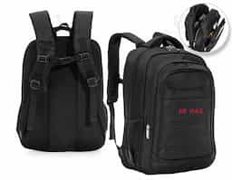 Mochila confeccionada em poliéster de alta qualidade com compartimento principal com bolso para notebook 15.6 polegadas, compartimento mediano com bolso para documentos e canetas, compartimento frontal com bolso de velcro e bolsos laterais em malha. Contém zíperes prata, alças para costas ajustáveis com regulagem peitoral e parte traseira com revestimento anti-transpirante, possui duas alças de mãos em nylon, sendo uma delas com revestimento interno. 50x36x23