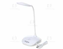 Luminária plástica articulável circular com 16 leds e funcionamento touch, contém borracha antideslizante na base para maior estabilidade.