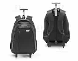 Mochila para notebook Material à prova de água. Com 2 rodas. Compartimento principal almofadado para notebook até 17''. Segundo compartimento forrado e com diversos bolsos