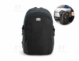 Mochila para notebook. 900D e c. sintético. Com 2 compartimentos. Compartimento posterior forrado, com divisória almofadada para notebook até 17'' e bolso em tela, com zíper