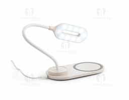 Luminária de mesa em ABS e fibra de palha de trigo com carregador wireless. A haste é flexível para ajustar a direção da luz e contém 20 LEDs que permitem uma iluminação até 3 níveis de intensidade