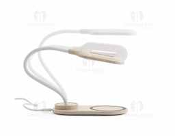 Luminária de mesa em ABS e fibra de palha de trigo com carregador wireless. A haste é flexível para ajustar a direção da luz e contém 20 LEDs que permitem uma iluminação até 3 níveis de intensidade