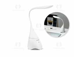 Luminária de mesa com caixa de som em ABS. Com 18 LEDs de alto brilho, botão tátil e braço flexível. Transmissão sem fios BT v4.2 e ligação stereo 3,5 mm com 5W/4O. Autonomia aproximada de 6 horas e conexão à playlist do dispositivo móvel. Incluso cabo USB para carregar
